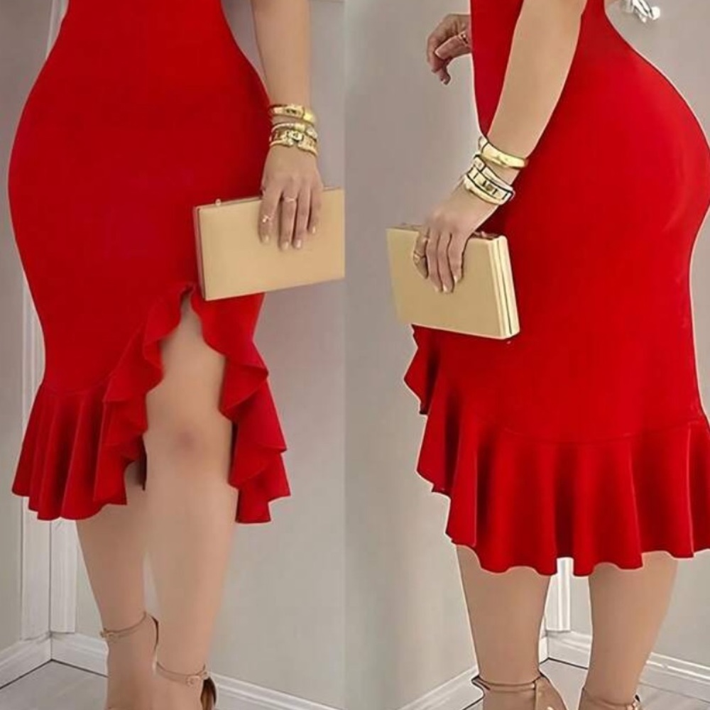 SHEIN Red One-Shoulder Ruffle Hem Bodycon Dress
